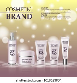 3D realistic cosmetic bottle ads template. Cosmetic brand advertising concept design with glitters and bokeh background.