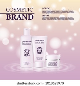 3D realistic cosmetic bottle ads template. Cosmetic brand advertising concept design with glitters and bokeh background. - Shutterstock ID 1018623970