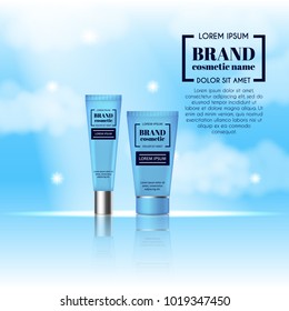 3D realistic cosmetic bottle ads template. Cosmetic brand advertising concept design on sky background with clouds.