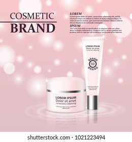 3D realistic cosmetic bottle ads template. Cosmetic brand advertising concept design with glitters and bokeh background.