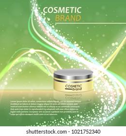 3D realistic cosmetic bottle ads template. Cosmetic brand advertising concept design with glitters and bokeh background.