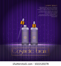 3D realistic cosmetic bottle ads template. Cosmetic brand advertising concept design with glowing sparkles on abstract texture background.