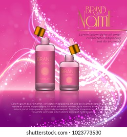 3D realistic cosmetic bottle ads template. Cosmetic brand advertising concept design with glitters and bokeh background.