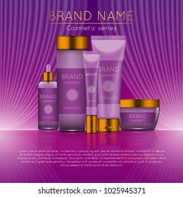 3D realistic cosmetic bottle ads template. Cosmetic brand advertising concept design with wavy light abstract background.