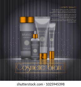 3D realistic cosmetic bottle ads template. Cosmetic brand advertising concept design with glowing sparkles on abstract texture background.