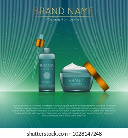 3D realistic cosmetic bottle ads template. Cosmetic brand advertising concept design with wavy light abstract background.
