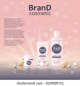 3D realistic cosmetic bottle ads template. Cosmetic brand advertising concept design on glowing background with pearls and sparkles.