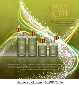 3D realistic cosmetic bottle ads template. Cosmetic brand advertising concept design with glitters and bokeh background.
