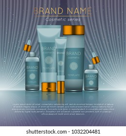 3D realistic cosmetic bottle ads template. Cosmetic brand advertising concept design with wavy light abstract background.