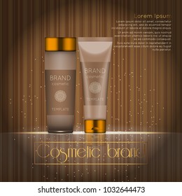 3D realistic cosmetic bottle ads template. Cosmetic brand advertising concept design with glowing sparkles on abstract texture background.