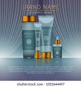 3D realistic cosmetic bottle ads template. Cosmetic brand advertising concept design with wavy light abstract background.