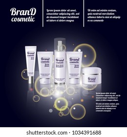 3D realistic cosmetic bottle ads template. Cosmetic brand advertising concept design with bubbles and sparkles.