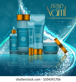 3D realistic cosmetic bottle ads template. Cosmetic brand advertising concept design with glitters and bokeh background.