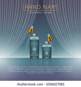 3D realistic cosmetic bottle ads template. Cosmetic brand advertising concept design with wavy light abstract background.