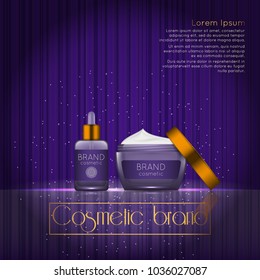 3D realistic cosmetic bottle ads template. Cosmetic brand advertising concept design with glowing sparkles on abstract texture background.