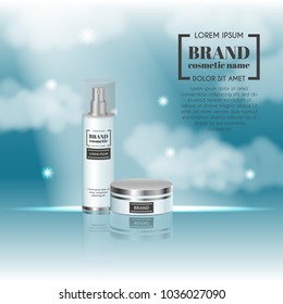 3D realistic cosmetic bottle ads template. Cosmetic brand advertising concept design on sky background with clouds.