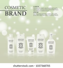 3D realistic cosmetic bottle ads template. Cosmetic brand advertising concept design with glitters and bokeh background.