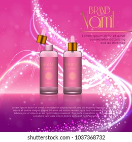 3D realistic cosmetic bottle ads template. Cosmetic brand advertising concept design with glitters and bokeh background.