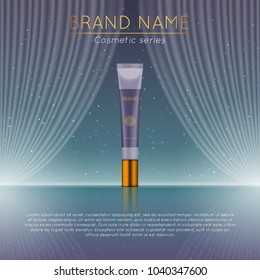 3D realistic cosmetic bottle ads template. Cosmetic brand advertising concept design with wavy light abstract background.