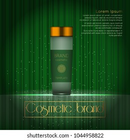 3D realistic cosmetic bottle ads template. Cosmetic brand advertising concept design with glowing sparkles on abstract texture background.