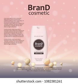 3D realistic cosmetic bottle ads template. Cosmetic brand advertising concept design on glowing background with pearls and sparkles.