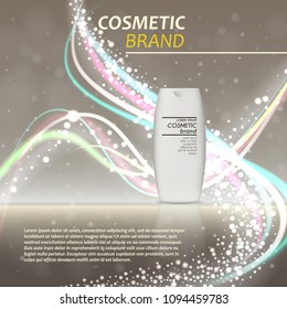 3D realistic cosmetic bottle ads template. Cosmetic brand advertising concept design with glitters and bokeh background.