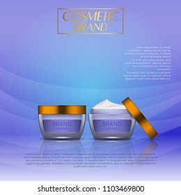 3D realistic cosmetic bottle ads template. Cosmetic brand advertising concept design with glitters and bokeh background.