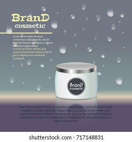 3D realistic cosmetic bottle ads template. Cosmetic brand advertising concept design with water bubbles and water drops background.