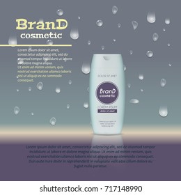 3D realistic cosmetic bottle ads template. Cosmetic brand advertising concept design with water bubbles and water drops background.