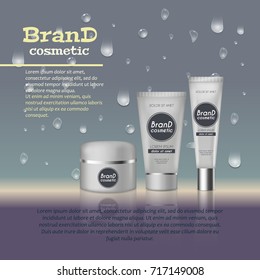 3D realistic cosmetic bottle ads template. Cosmetic brand advertising concept design with water bubbles and water drops background.