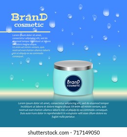 3D realistic cosmetic bottle ads template. Cosmetic brand advertising concept design with water bubbles and water drops background.