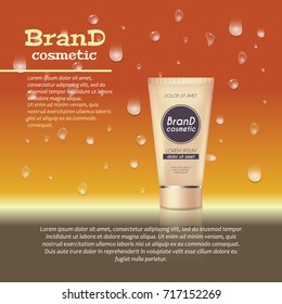 3D realistic cosmetic bottle ads template. Cosmetic brand advertising concept design with water bubbles and waterdrops background.