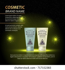 3D realistic cosmetic bottle ads template. Cosmetic brand advertising concept design with abstract glowing lights and sparkles background.