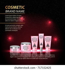 3D realistic cosmetic bottle ads template. Cosmetic brand advertising concept design with abstract glowing lights and sparkles background.