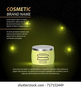 3D realistic cosmetic bottle ads template. Cosmetic brand advertising concept design with abstract glowing lights and sparkles background.
