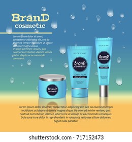 3D realistic cosmetic bottle ads template. Cosmetic brand advertising concept design with water bubbles and waterdrops background.