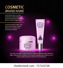 3D realistic cosmetic bottle ads template. Cosmetic brand advertising concept design with abstract glowing lights and sparkles background.