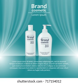 3D realistic cosmetic bottle ads template. Cosmetic brand advertising concept design with wavy light abstract background.