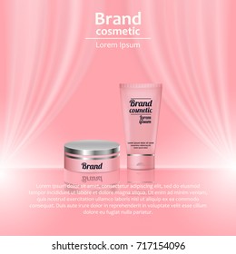 3D realistic cosmetic bottle ads template. Cosmetic brand advertising concept design with wavy light abstract background.