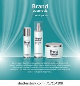 3D realistic cosmetic bottle ads template. Cosmetic brand advertising concept design with wavy light abstract background.