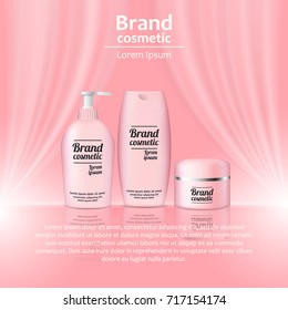 Modelo de anúncios de garrafa cosmética 3D realista. Design de conceito de publicidade de marca cosmética com fundo abstrato de luz ondulada.
