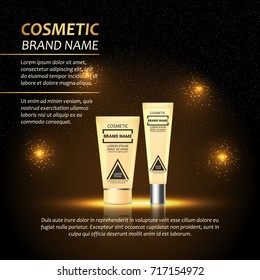 3D realistic cosmetic bottle ads template. Cosmetic brand advertising concept design with abstract glowing lights and sparkles background.