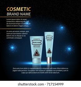 3D realistic cosmetic bottle ads template. Cosmetic brand advertising concept design with abstract glowing lights and sparkles background.