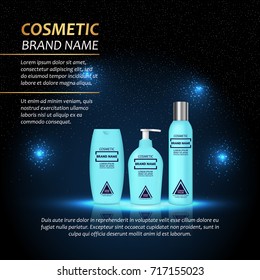 3D realistic cosmetic bottle ads template. Cosmetic brand advertising concept design with abstract glowing lights and sparkles background.