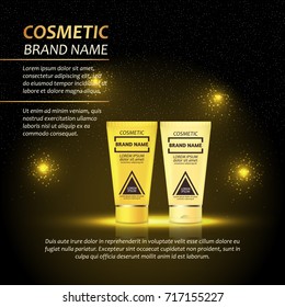 3D realistic cosmetic bottle ads template. Cosmetic brand advertising concept design with abstract glowing lights and sparkles background.