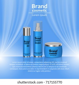 3D realistic cosmetic bottle ads template. Cosmetic brand advertising concept design with wavy light abstract background.
