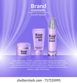 3D realistic cosmetic bottle ads template. Cosmetic brand advertising concept design with wavy light abstract background.