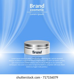 3D realistic cosmetic bottle ads template. Cosmetic brand advertising concept design with wavy light abstract background.