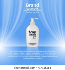 3D realistic cosmetic bottle ads template. Cosmetic brand advertising concept design with wavy light abstract background.