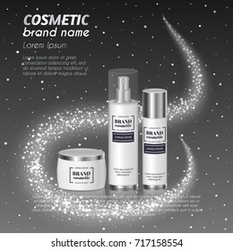 3D realistic cosmetic bottle ads template. Cosmetic brand advertising concept design with glittering dust background.